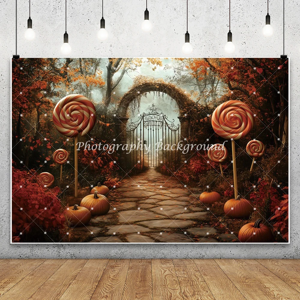 ハロウィン写真撮影背景 怖い鉄の門アーチ 黄色の葉 カボチャ ロリポップ 大人 子供 ハロウィンパーティー写真背景