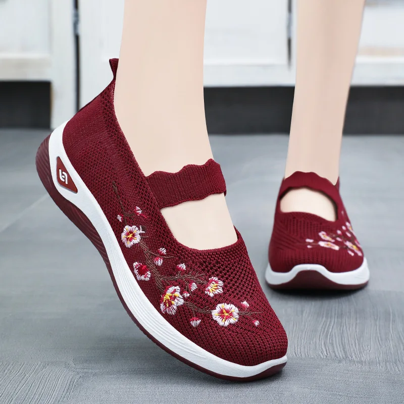 Nurses shoes cheap flats ladies slip on mary janes knitted wedged loafers portable women flats purple embroidery vintage shoes