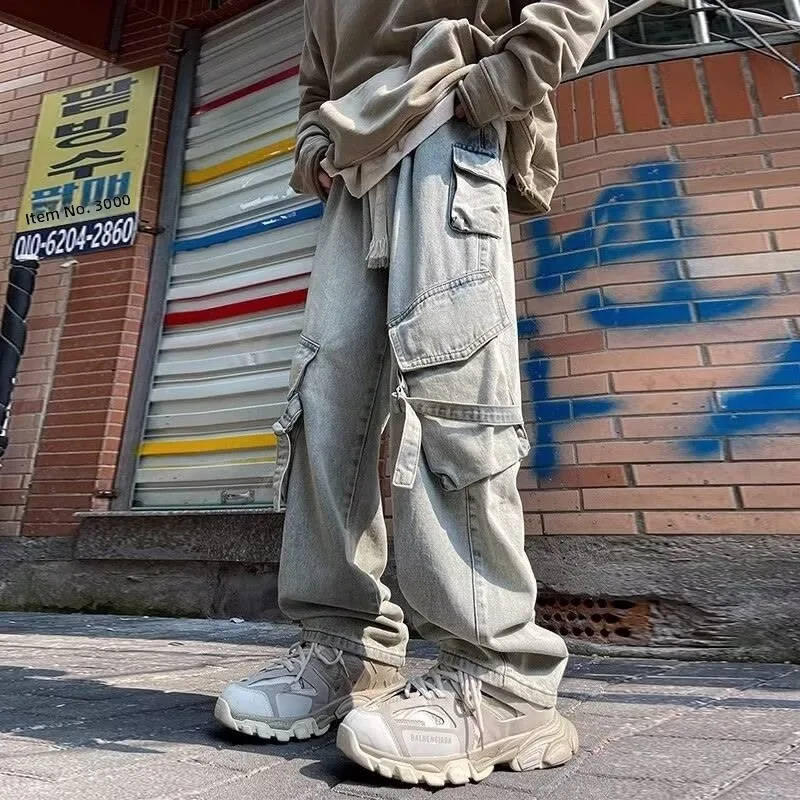 

American Vibe Fleece Lined Workwear Denim Jeans Men's Multi Pocket High Street Slim Fit Casual Pants Winter Youth Fashion