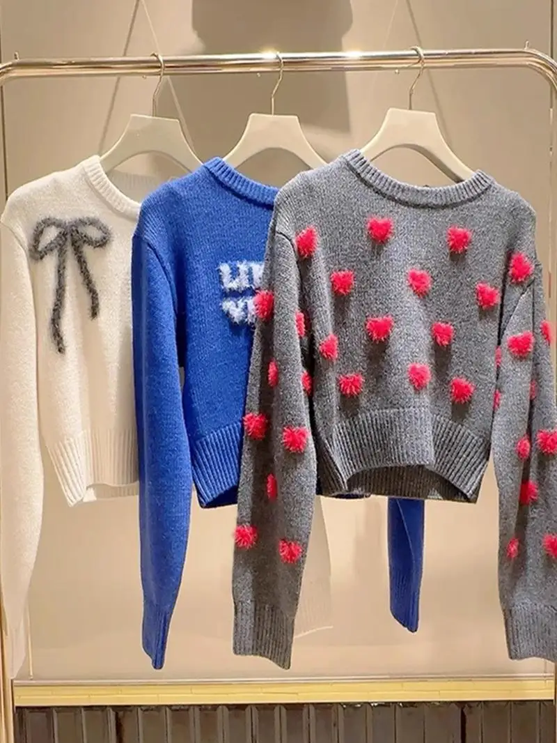 

Sweet Pure Color Blo Knot Heart round Ne ort Knitted Sweater Top New Autumn Winter Women's Faion Premium Kn...