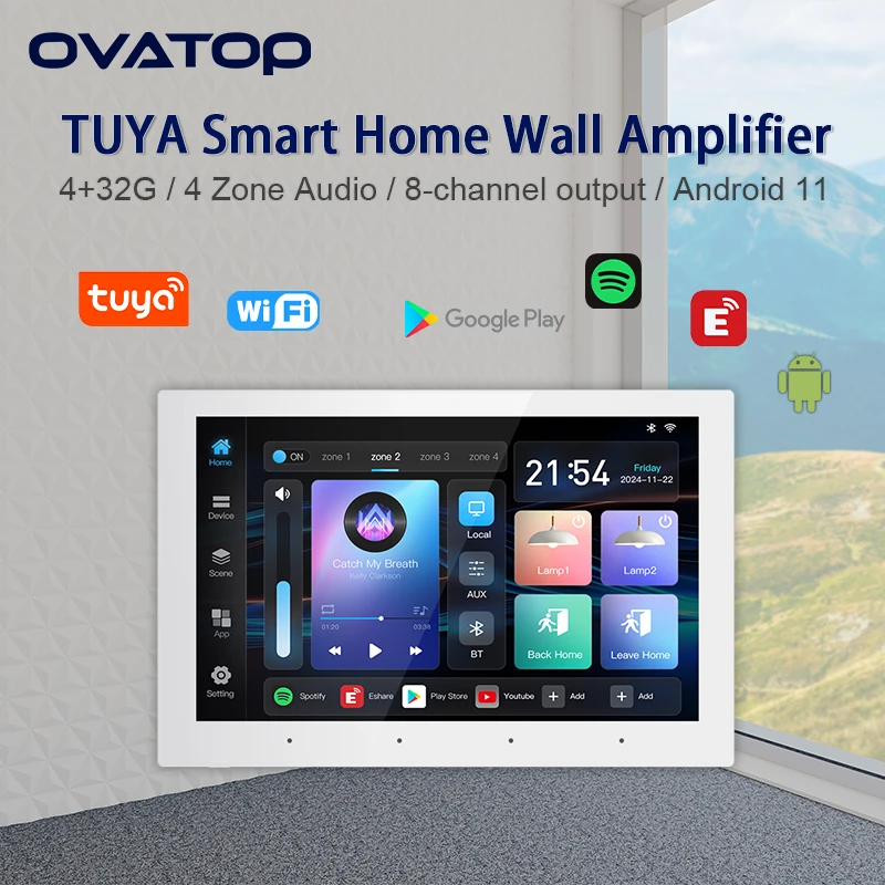 8inch android 11 system Audio In-wall amplifier background music home Sound wifi bluetooth tuya smart touch screen control panel