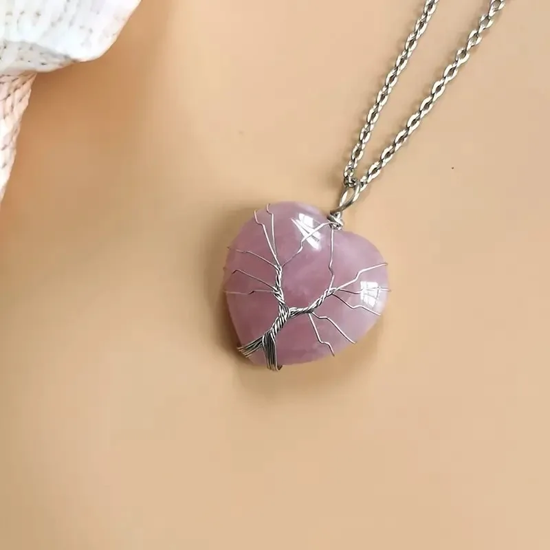 2024 Gemstone Necklaces Natural Rose Quartz Healing Crystal Necklace Silver Tree Of Life Wire Wrapped Heart Stone Necklace