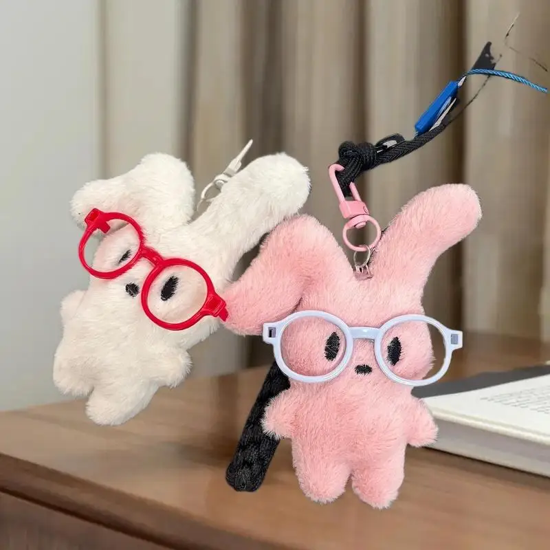 Soft Cartoon Bunny Keyring with Red Glasses; Perfect for Student Backpack Decoration and Couple Gifts