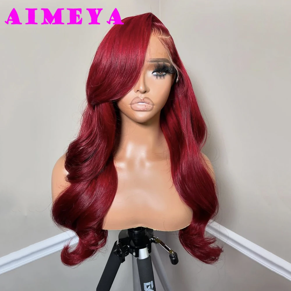 AIMEYA Burgundy Lace Front Wig Synthetic Long Body Wave Red Wig Side Part Natural Hairline Daily Use Cosplay Wigs Heat Resistant