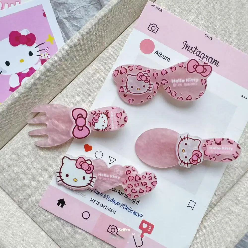

Sanrio Hello Kitty, милая розовая заколка для волос с леопардовым принтом, милая заколка для волос с ложкой и вилкой для девочек, боковой зажим, зажим для волос Kitty Duckbill, заколка для волос