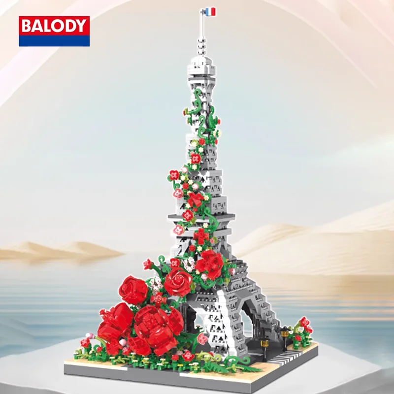 BALODY Originality Retro Style Building Blocks Eiffel Tower Flower Surround Design Luxury Tabletop Decor Kids Christmas Gift