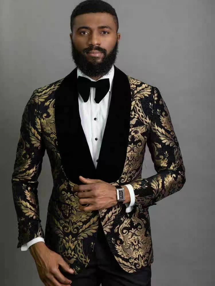 

2024 Custom Latest Design Fashion Dark Gold Jacquard Wedding Suits Men Formal Groom Prom Party Male Tuxedo Blazer Slim Fit Men's