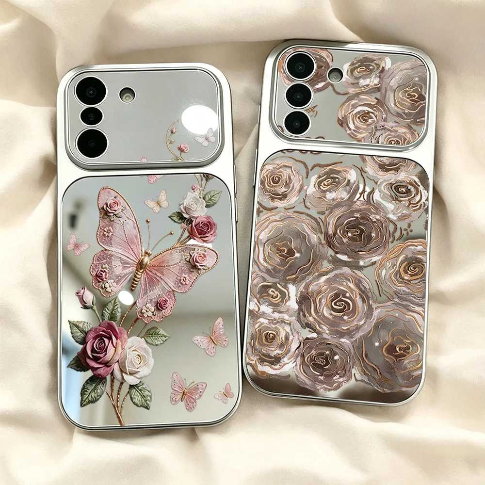 Retro Butterfly Rose Makeup Mirror Phone Case For Samsung A37 S26 S25 S24 Ultra FE A57 A17 A07 A56 A16 A55 A54 A36 A53 A35 Cover