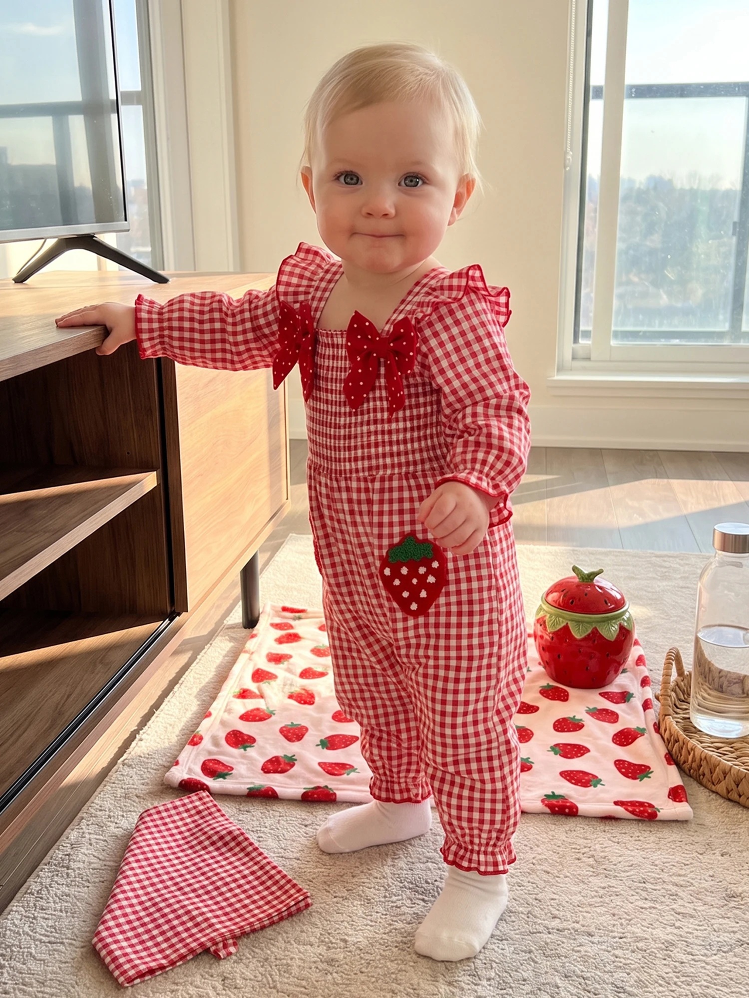 Plaid Long Sleeve Strawberry Romper Baby Girl Strawberry Smocked Smocked Bubble Girl-Strawberry Long Sleeve Bows Plaid Long Top