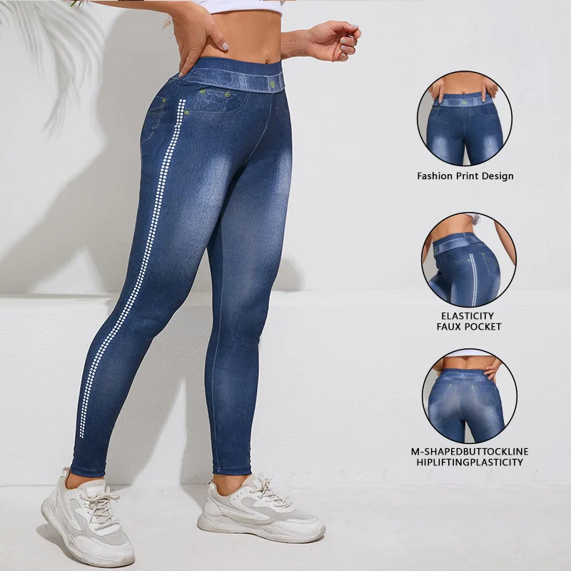 Women's Imitation Denim Leggings With Pockets High Stretchy Comfortable Tummy Control Fitness Gym Yoga Pants Daily Wear
