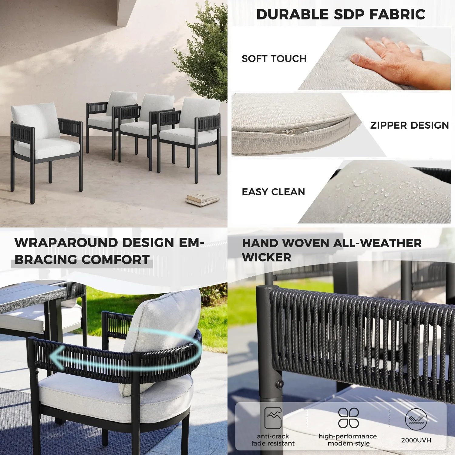

Outdoor Metal Woven Wicker Dining Chairs Set Grey Cushions Backyard Deck Garden Porch Lawn Poolside 4pcs, Customized