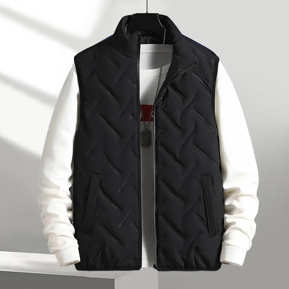 

Men Jacket Thickened Stand Collar Vest Coat for Men Winter Warm Jacket with Zipper Solid Color Cotton-padded Comfort for Weather