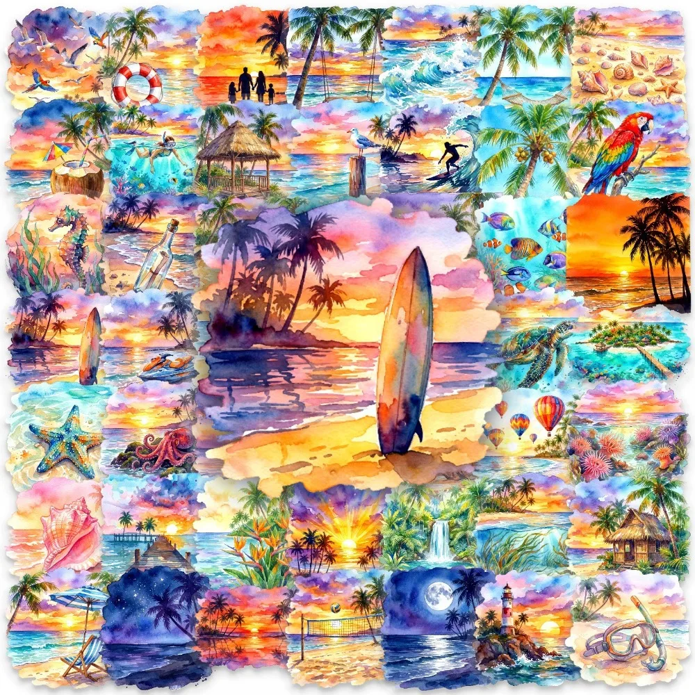 

10/50pcs Watercolor Ins Tropical Beach PET Transparent Stickers Hawaiian Seaside Decoration Water Cup Computer Stickers