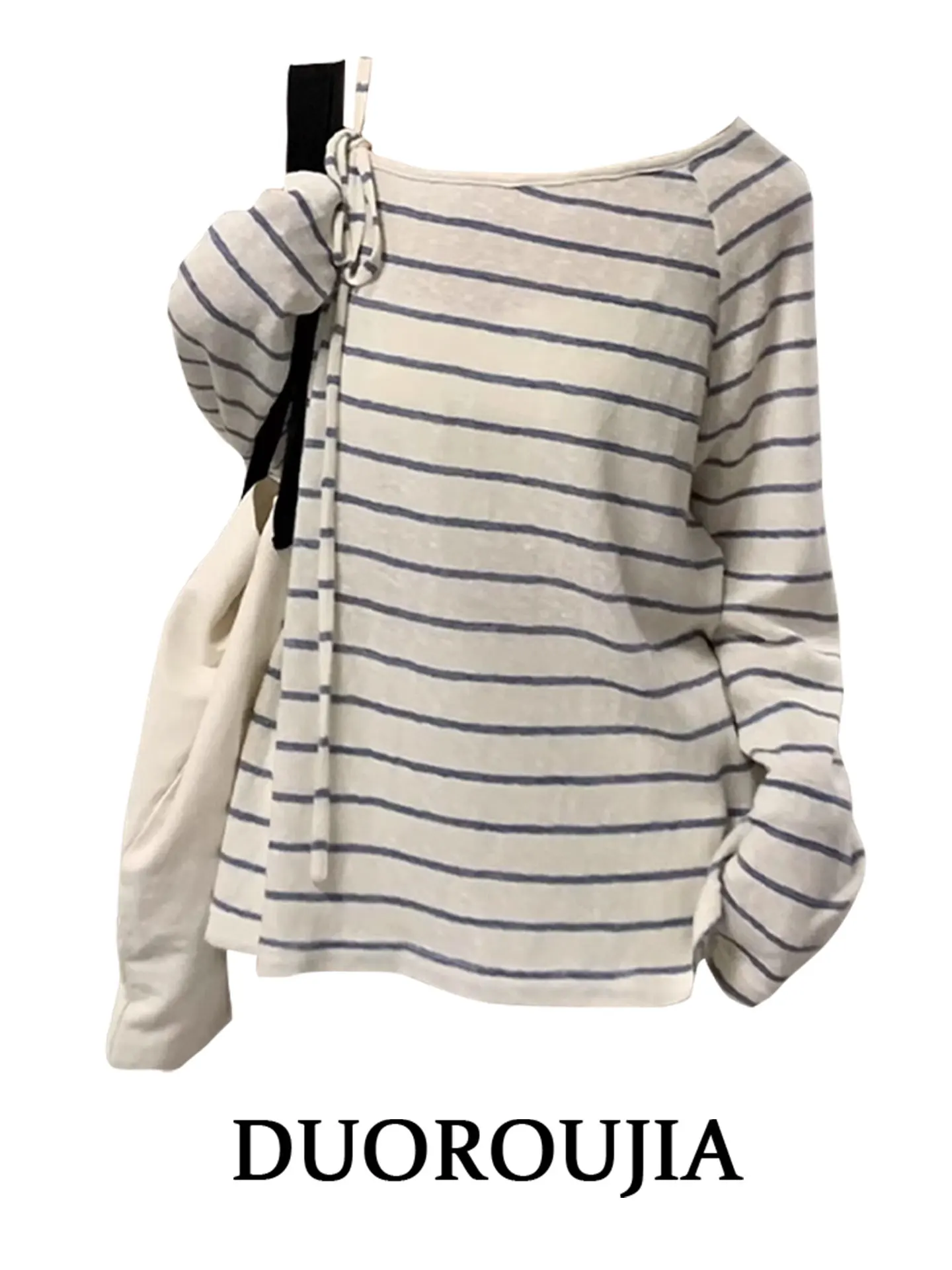 

plus Size Korean Style Blue White Stripes Asymmetrical Shoulder Long Sleeve T-Shirt Women's Autumn Loose Fit Knot Top
