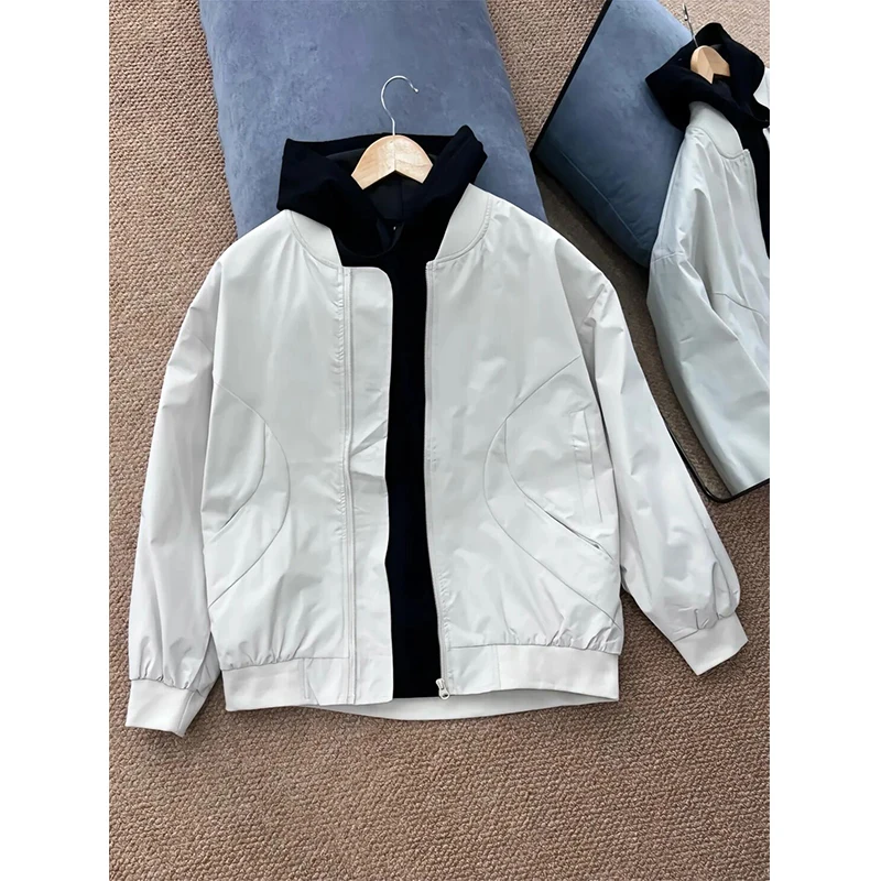 

American Retro Khaki Baseball Jaet Men's ort Sle Spring Autumn Pilot Coat Loose Fit Youth Trend Zipper Closure Outerwear