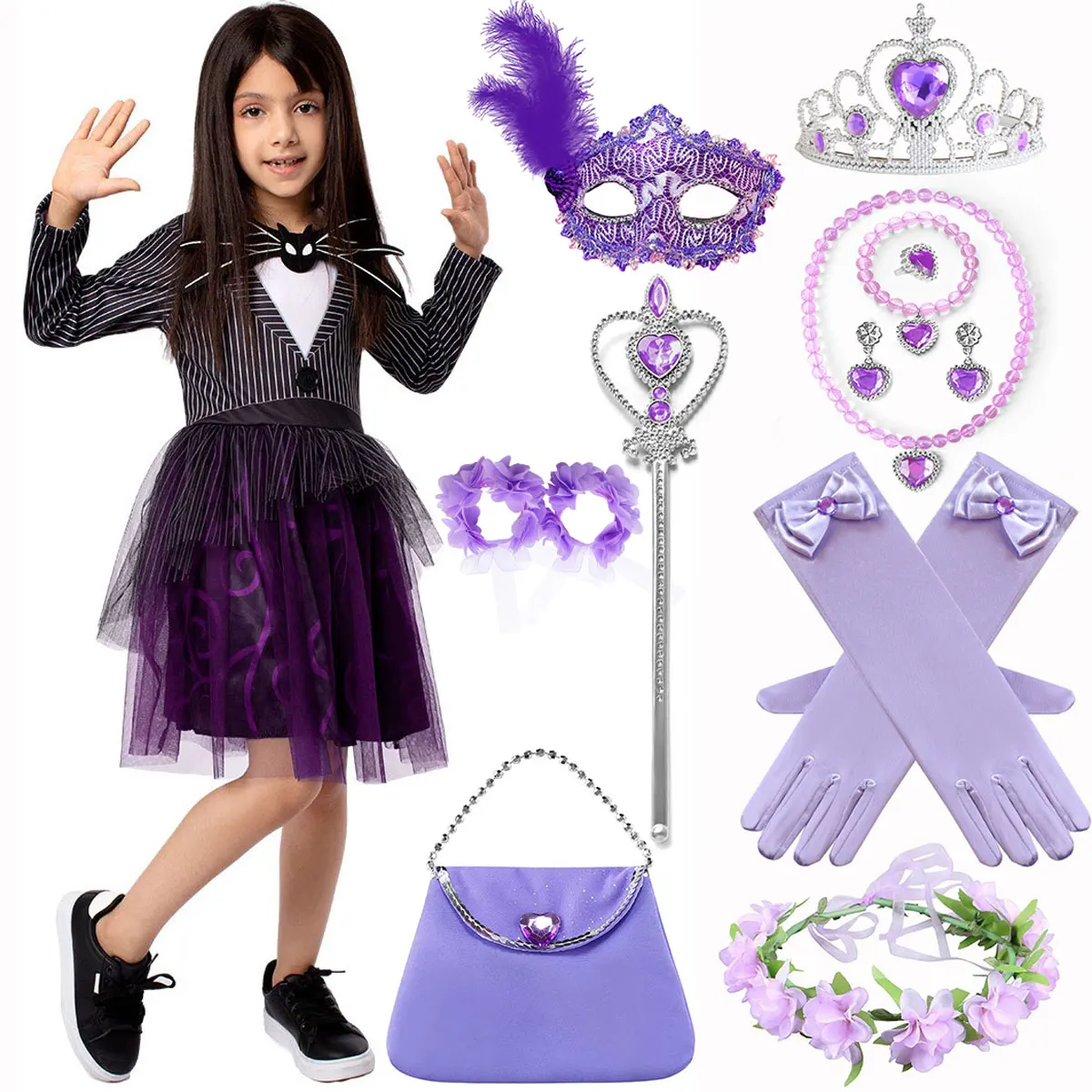 Halloween Nightmare Before Christmas Girls Horror Jack Dress Set Skeleton Halloween Cosplay Holiday Costume Party Purple Costume