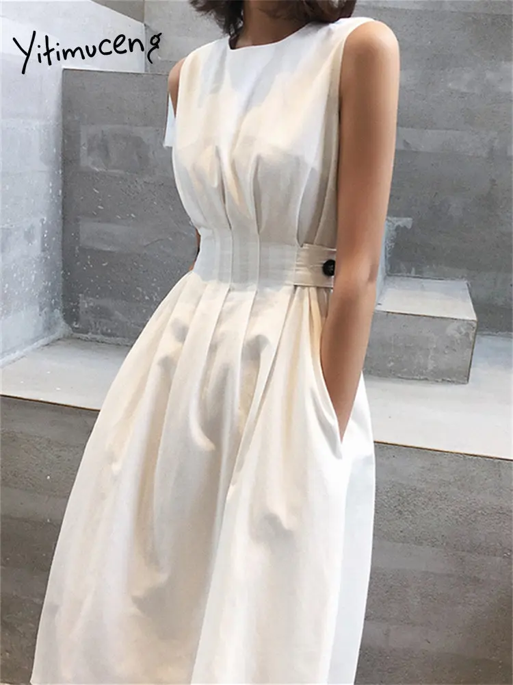 

Женское однотонное платье без рукавов BabYoung, Элегантное повседневное свободное шикарное платье с круглым вырезом и складками, Y2k, лето 2023