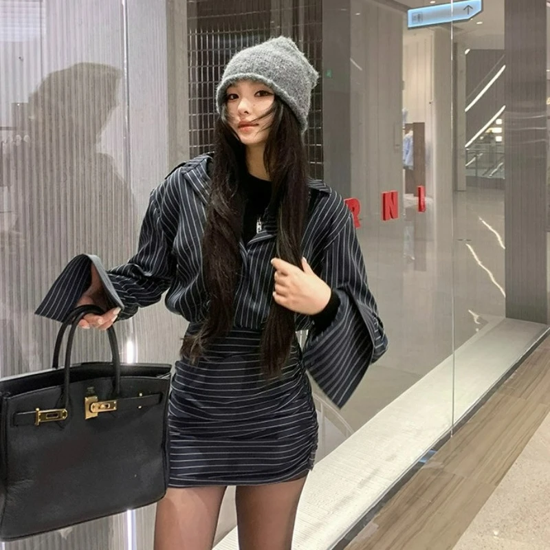 فستان قميص مخطط بأكمام طويلة للنساء 2026 ربيع/خريف نمط جديد الخصر حزام التخسيس ريترو الورك المعانقة فستان #6