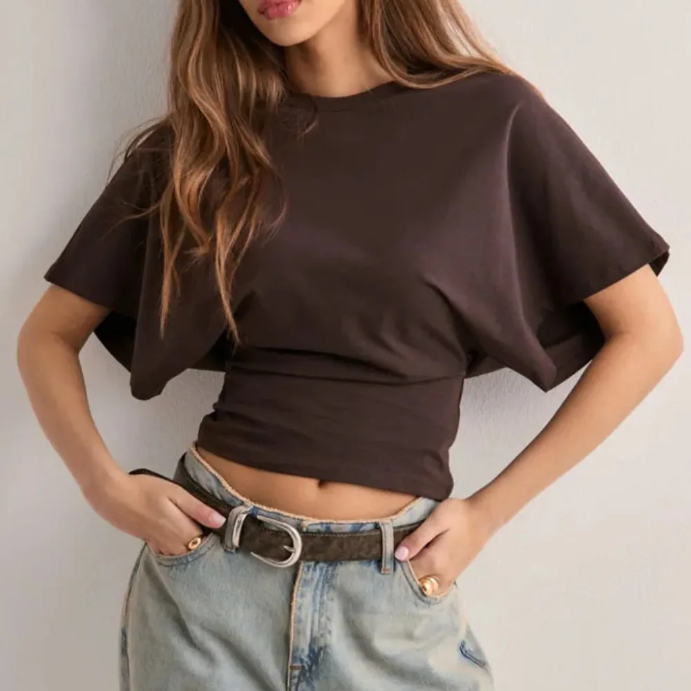 

Casual Elastic Cropped T-shirt Fashion Slim Fit Ruched Crop Short Sleeve T-shirt O-neck Solid Color O-neck Corset Tops