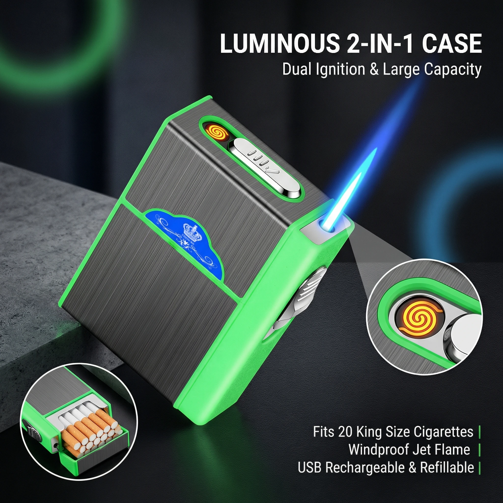 

2-in-1 Glow-in-the-Dark Cigarette Case with Lighter, 20-Pack King Size Gas & Electric Dual-Use Lighter Case, Windproof Jet Flame