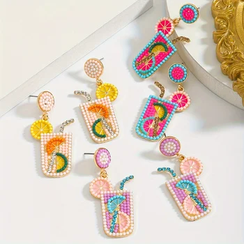 수제 구슬 장식 댕글 귀걸이 레몬 음료 디자인, 매치 데일리 의상, 파티 장식, 여름 휴가 쥬얼리 