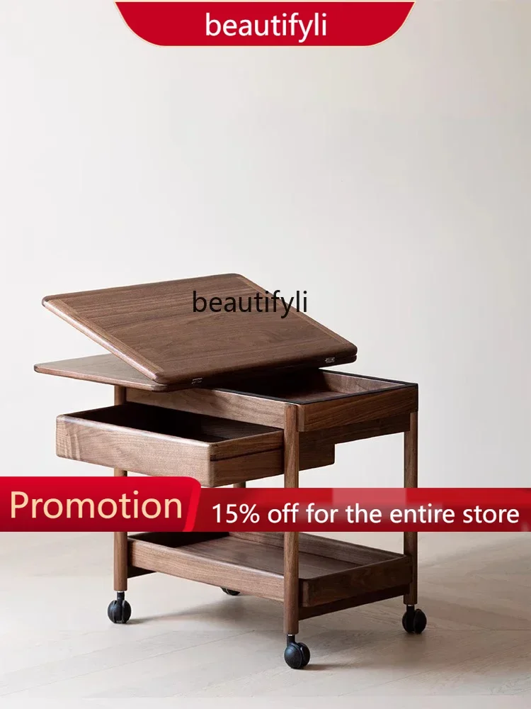 

X188Solid Wood Mobile Coffee Table Home Small Apartment Living Room Movable Folding Side Table Antique Style Design Trolley