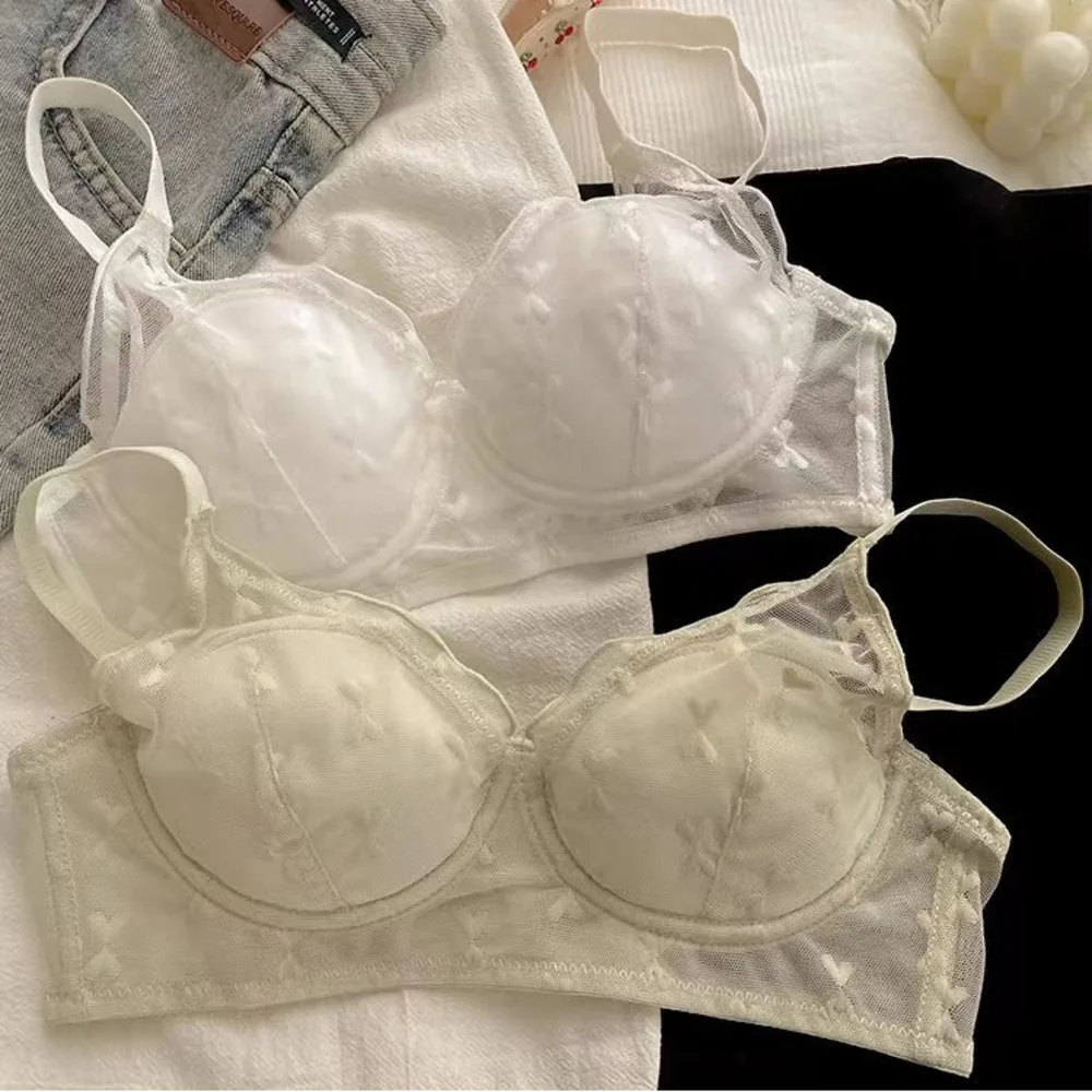 SP&CITY Sweet Lace Mesh Hollow Out Sexy Bras For Women Small Chest Gathered Anti Sagging Cute Bow Bras Summer Student Lingerie