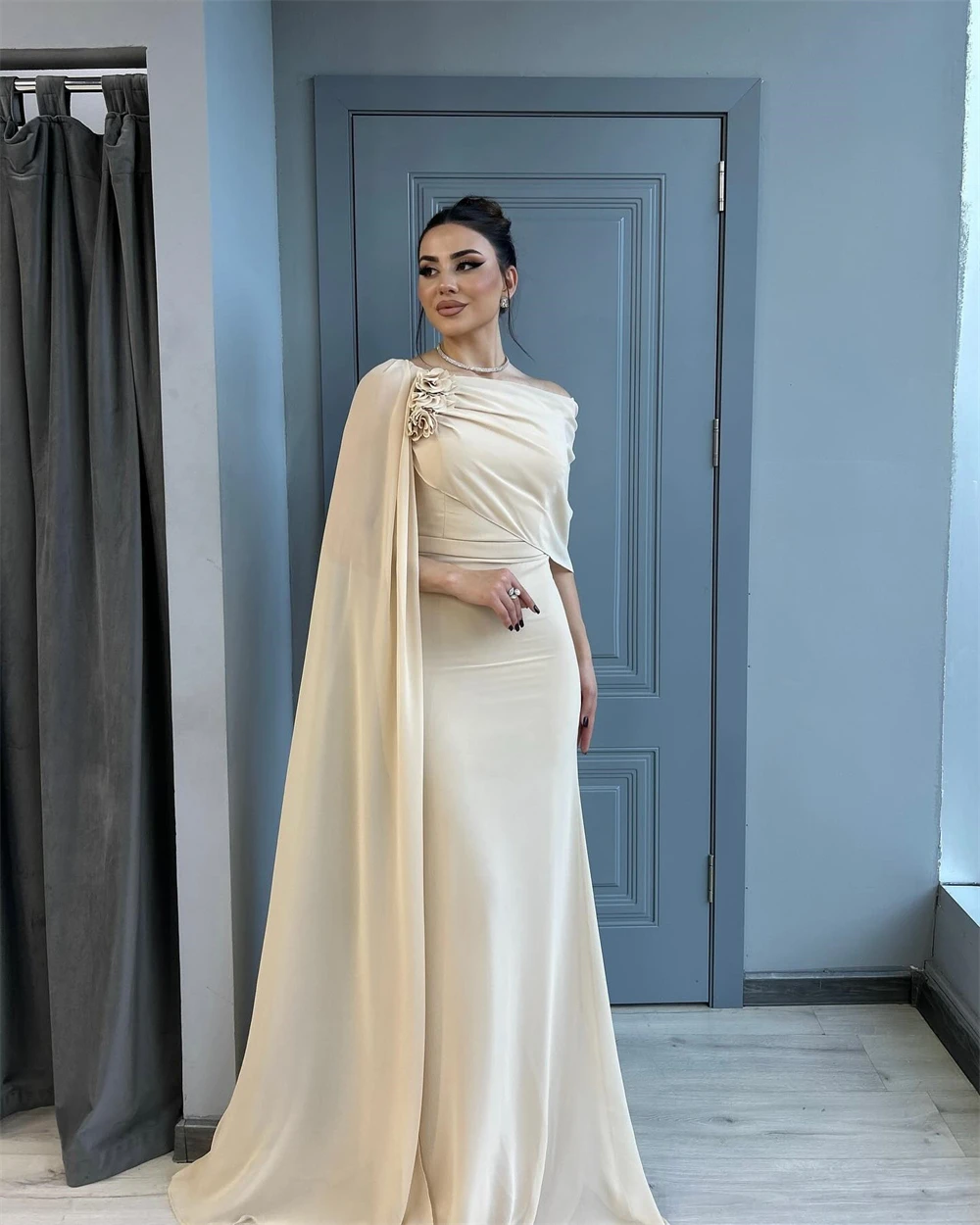 

Customized Boho champagne Chiffon Evening Dress Soft Boat Neck Off the Shoulder Party Dress Sexy Straight Appliques Prom Dresses