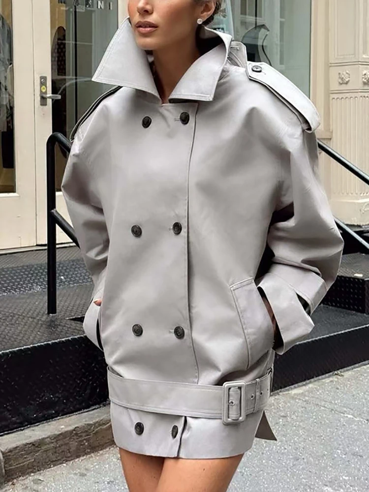 Winter Sexy Lapel Neck Double Breasted Slim Coat With Belt  Women Gray Long Sleeve Button Jacket Windbreaker Evening Party