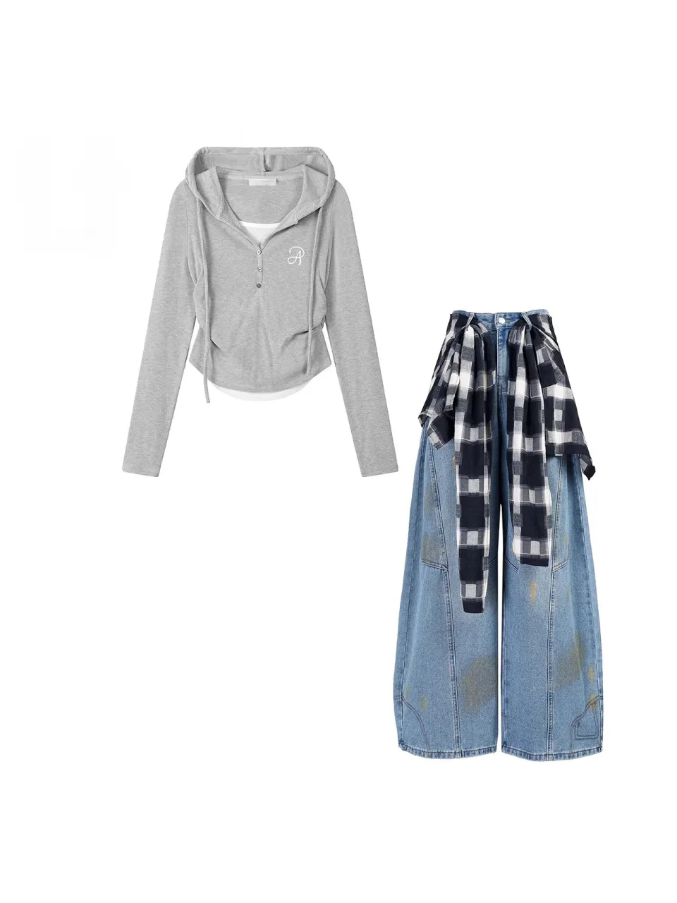 

American Pure Desire Hooded Long Sve T-irt High Waist Plaid Butt Curtain Wide Leg Jeans Set Early Spring Outfit Set