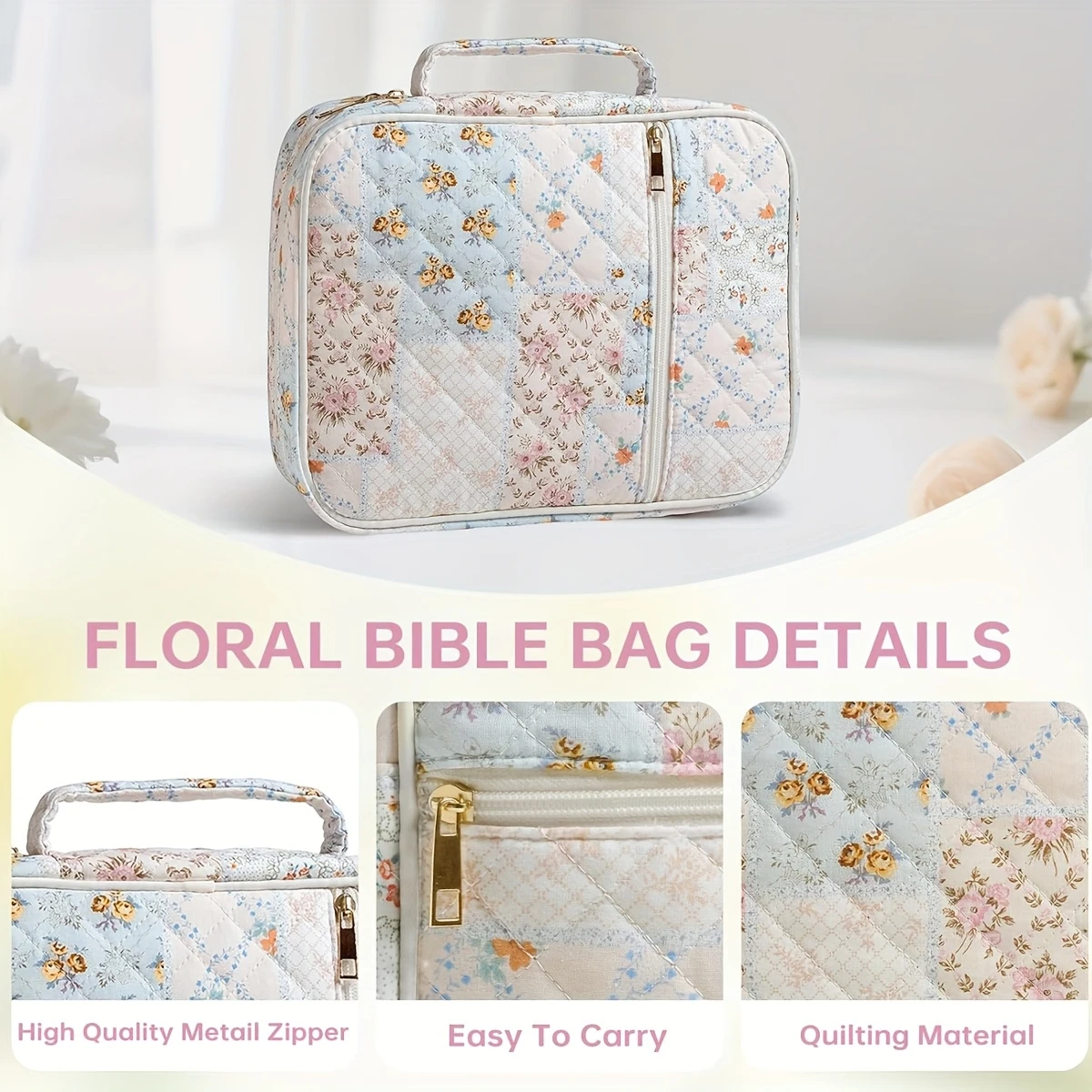 Quilted Floral Book Storage Bag Multi‑purpose Travel Cosmetic Makeup Bag Large Capacity Handheld Stationery Organizer Portable B