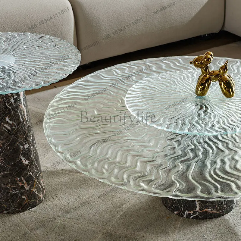 Italian water ripple coffee table hot melt tempered glass natural marble wabi sabi wind round coffee table