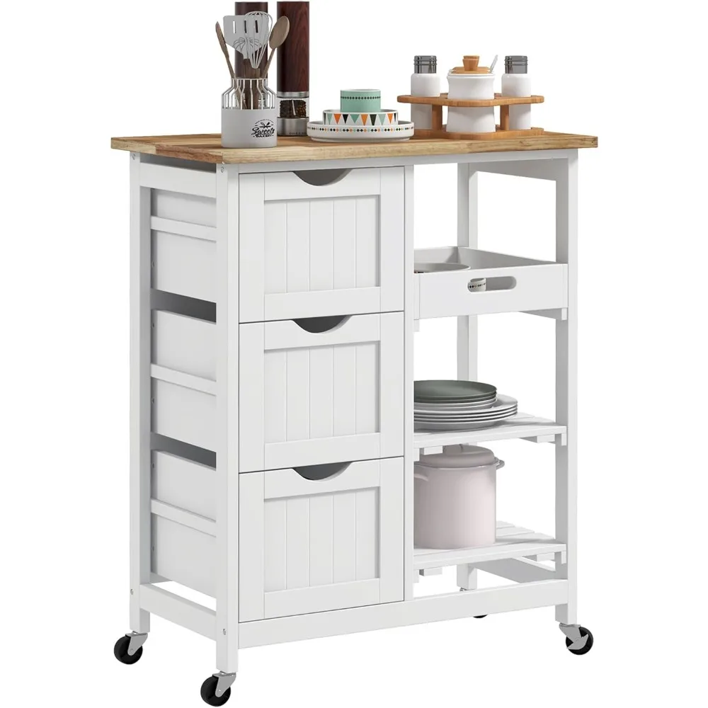 

Rolling Kitchen Island Cart, Bar Serving Cart, Compact Trolley on Wheels with Wood Top, Shelves & Drawers for Home Dining