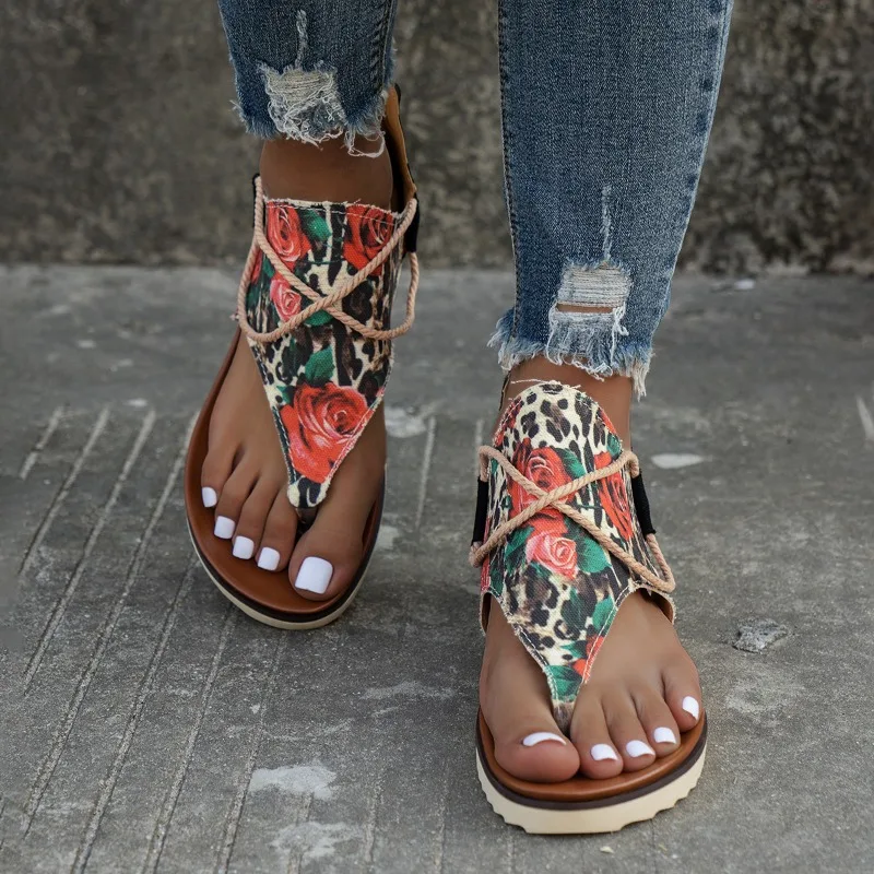 

New Floral Print Women's Sandals Fashion Flat Sandals Comfortable Open Toe Sandal Summer Beach Sandals 2025 Женские Сандалии