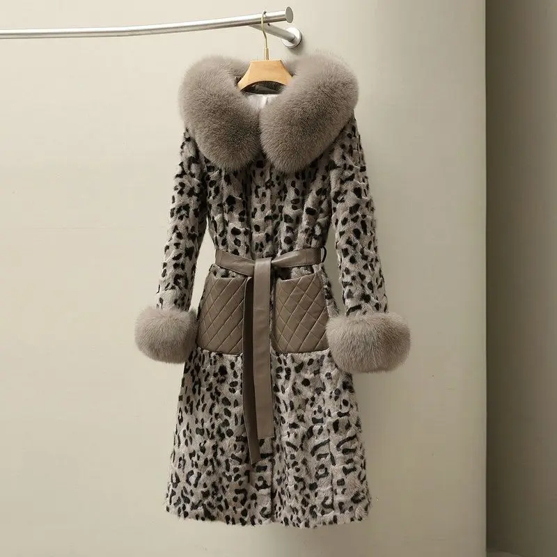 

Autumn Winter Outwear Leopard Print Long Faux Fur Coat Thick Faux Fox Fur Collar High-end Overcoat Eco-friendly Faux Fur Coat