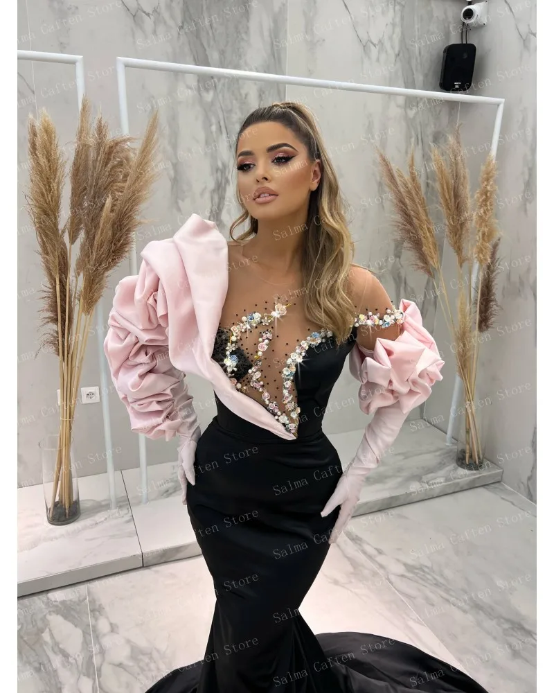 Vestido de satén negro con cuello redondo, vestidos de noche de manga larga con volantes de sirena y tren largo, vestido de fiesta elegante con cuentas de cristales