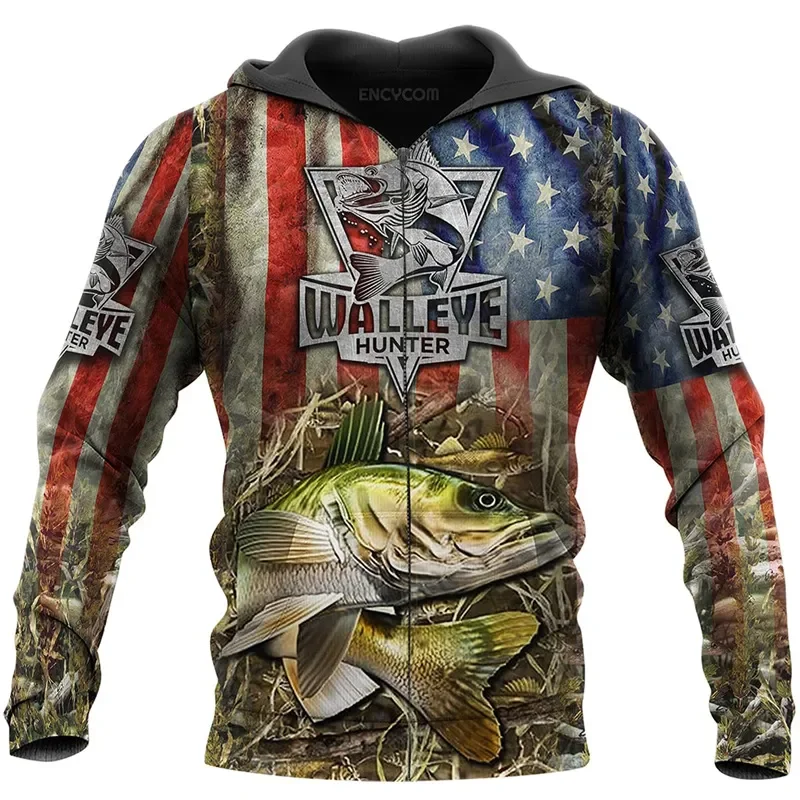 Carp Fishing Graphic Zip Up Hoodie for Men Clothing Sweatshirt Women Hoodies 3D Walleye Pike Fly Fish Printed Hooded Tracksuits