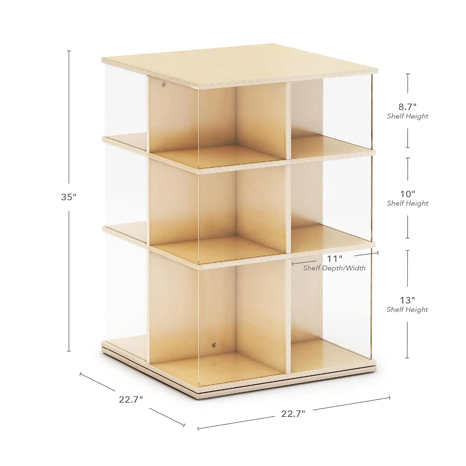 3-Tier Rotating Wooden Book Display Acrylic Sides Multi-Size Shelves Kids Room Classroom Storage Organization, Customized