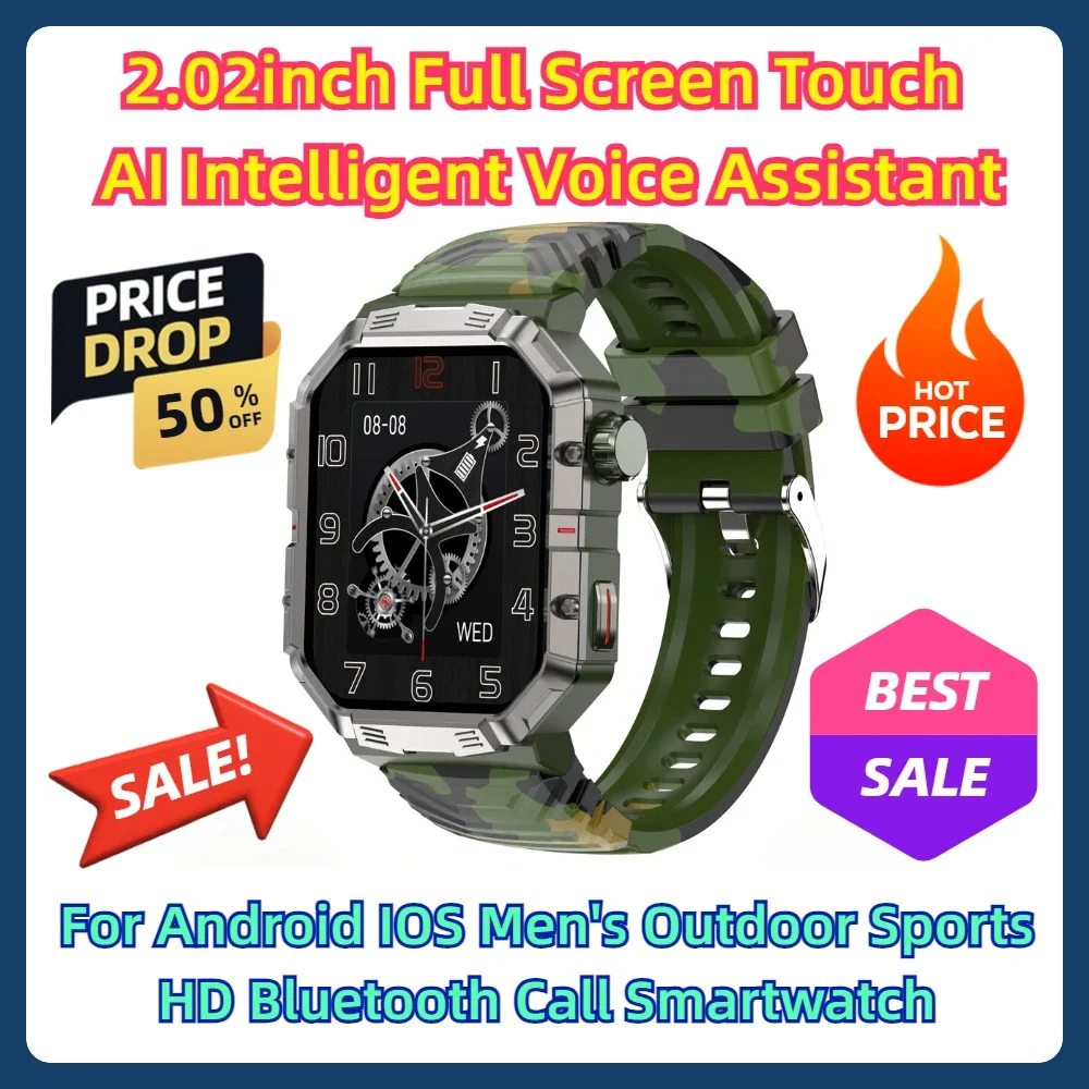 

2.02inch Full Screen Touch AI Intelligent Voice Assistant For Android IOS Men's Outdoor Sports HD Bluetooth Call Smartwatch