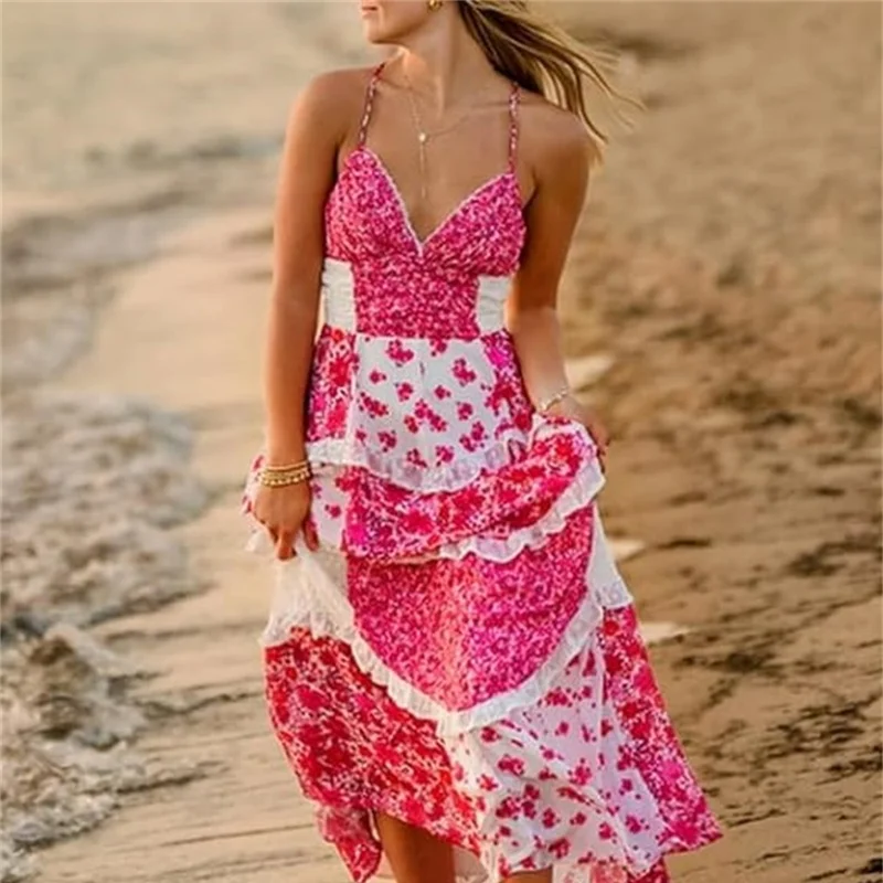 Vestido maxi boho floral Y2K – vestido feminino de alça espaguete com decote em V e babados em camadas para praia e férias de verão