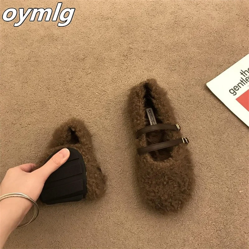 Mary Jane Fury Shoes for Women Autumn/Winter 2024 New Soft Bottom Lamb Fleece Bean Shoes with Fleece Cotton Scoop Shoes