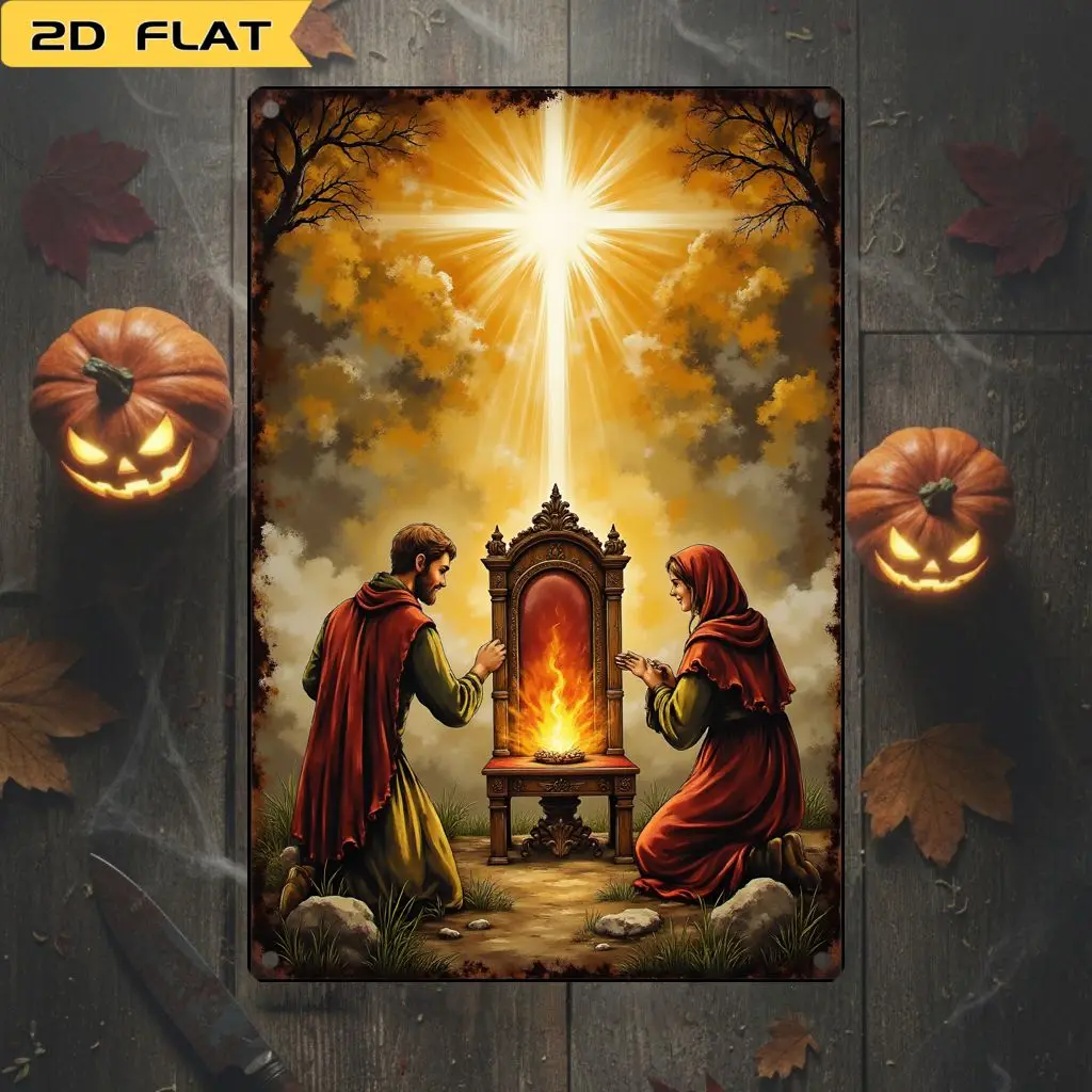 2D Vintage Metal Wall Art Sign Byzantine Sacred Flame Design for Spiritual Meditation Room Decor