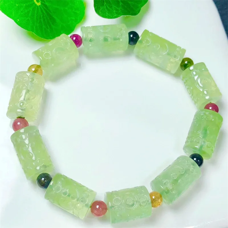 

Natural Prehnite And Tourmaline Bracelet Handmade Women Healing Gemstone Crystal Strand Bangles Lovers Girlfriend 1PCS