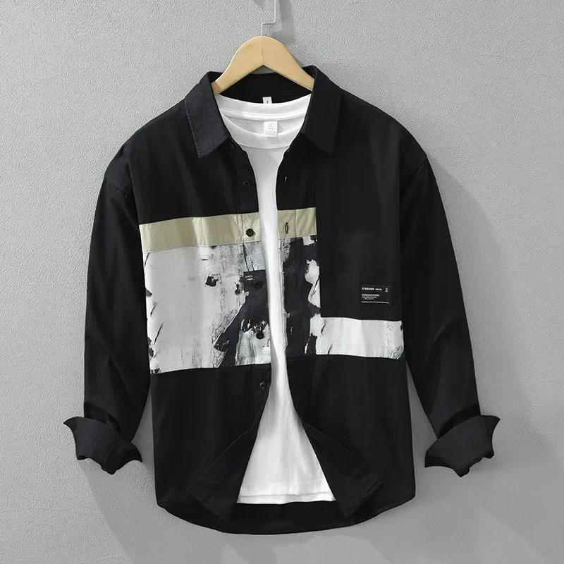 

New Spliced Printed Shirt Men Korean Fashion Mens Shirts Streetwear Loose Top Long Sleeve White Shirt Spring Summer Men Clothing