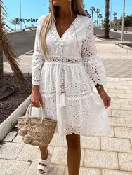 Womens Fashion Short Sleeve Ruffle Loose Beach Dress Elegant Single Breasted Shirt Dress Sexy Embroidery Hollow Out Mini Dresses