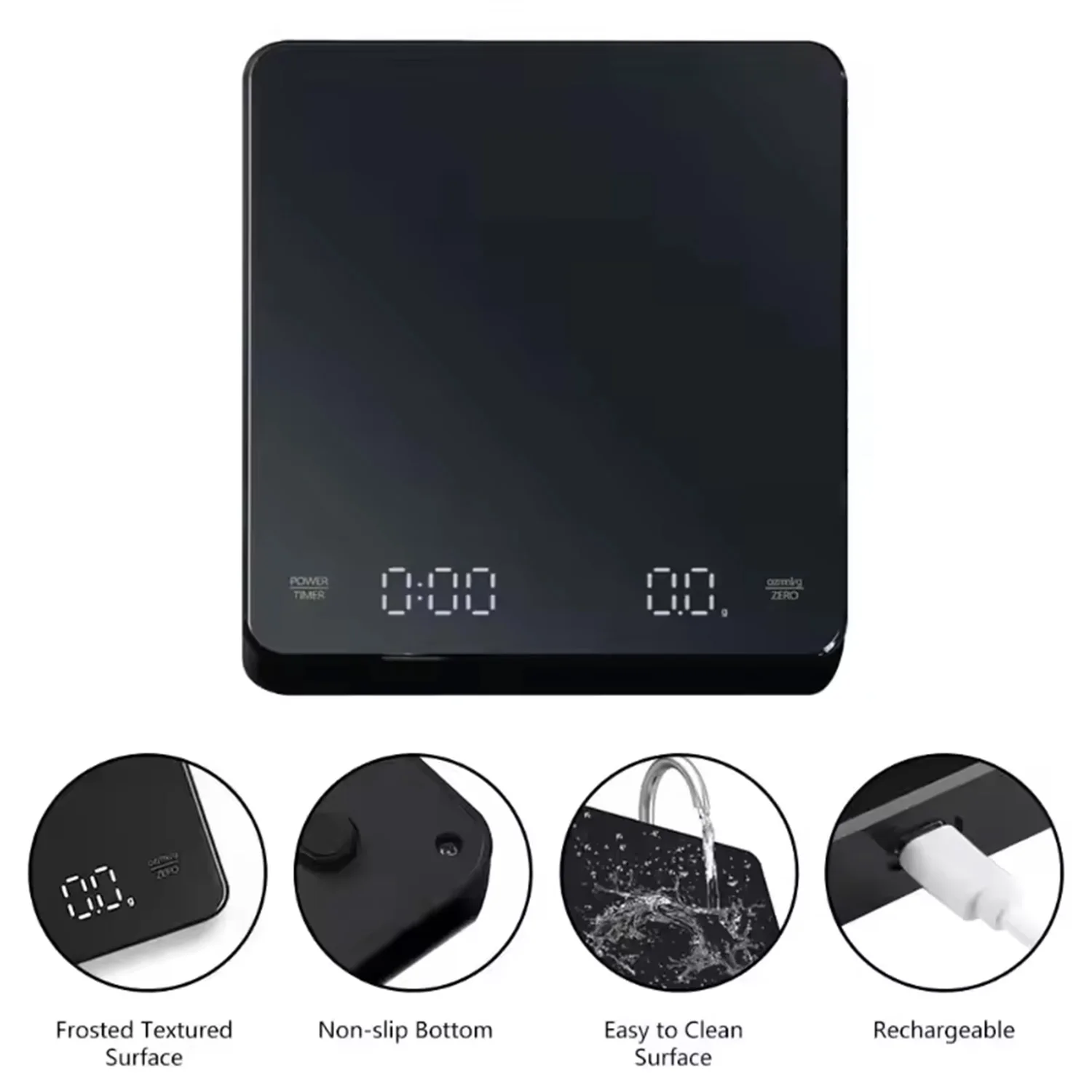 أحدث 2026 نموذج مخزن مرآة سوداء صغيرة جديدة قهوة اسبريسو مقياس المطبخ مع الوقت USB مقياس رقمي خفيف الوزن #5