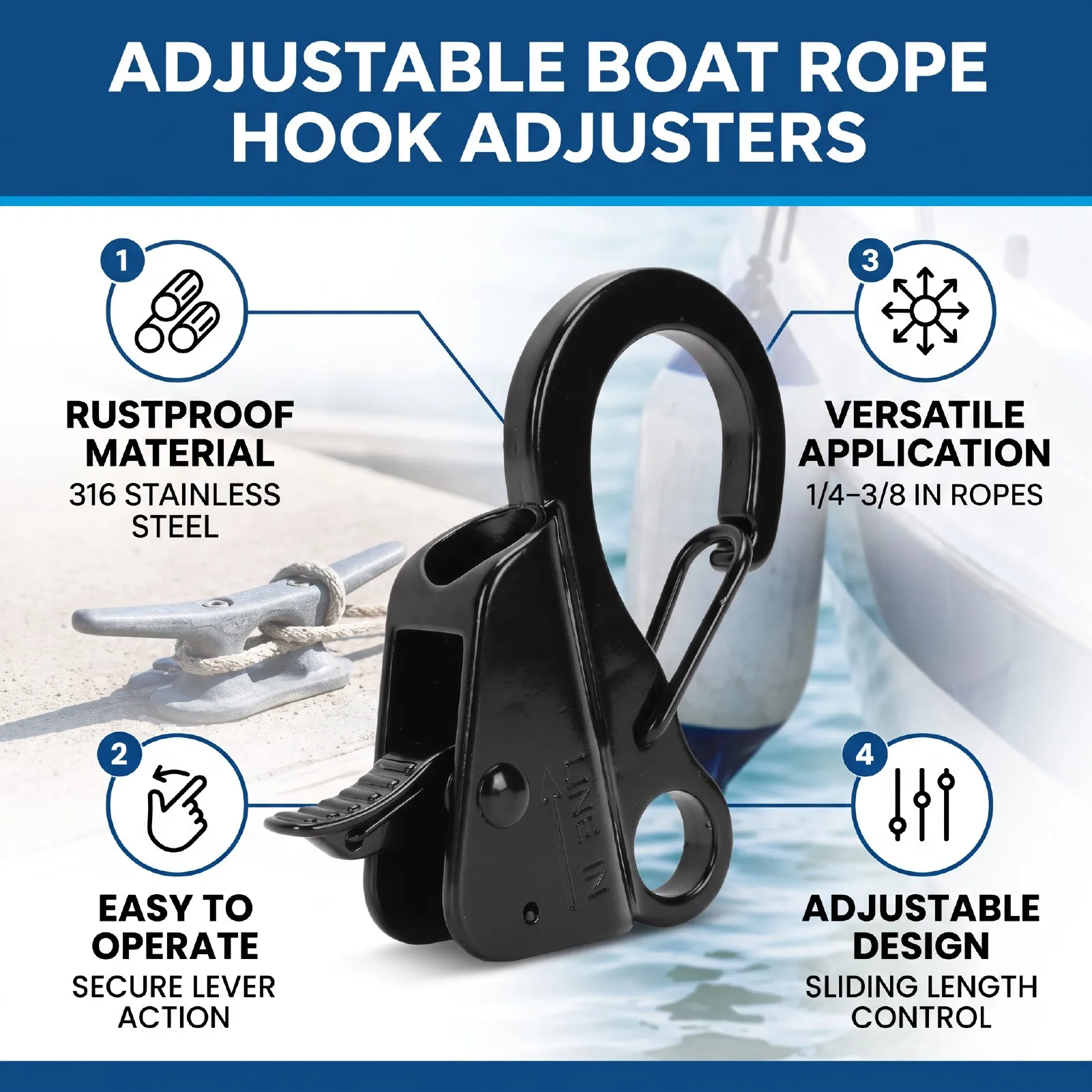 Boat Bumper Clips Adjusters Stainless Steel Adjustable Sliding Rope Hook for 1/4 to 3/8in Ropes Boat Bumper Hanger Buoy Clips