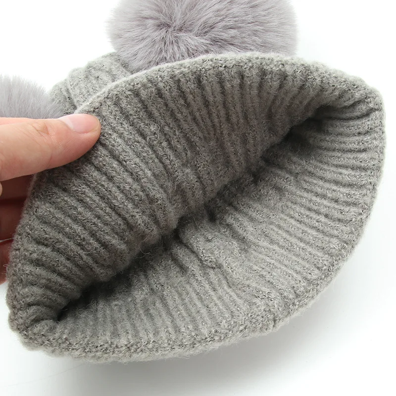 Fashion Beanie Korean Style Doulbe Wool Ball Women\'s Hat Cute Solid Knitted Beanies Warm Winter Hats Woman Fur Hat