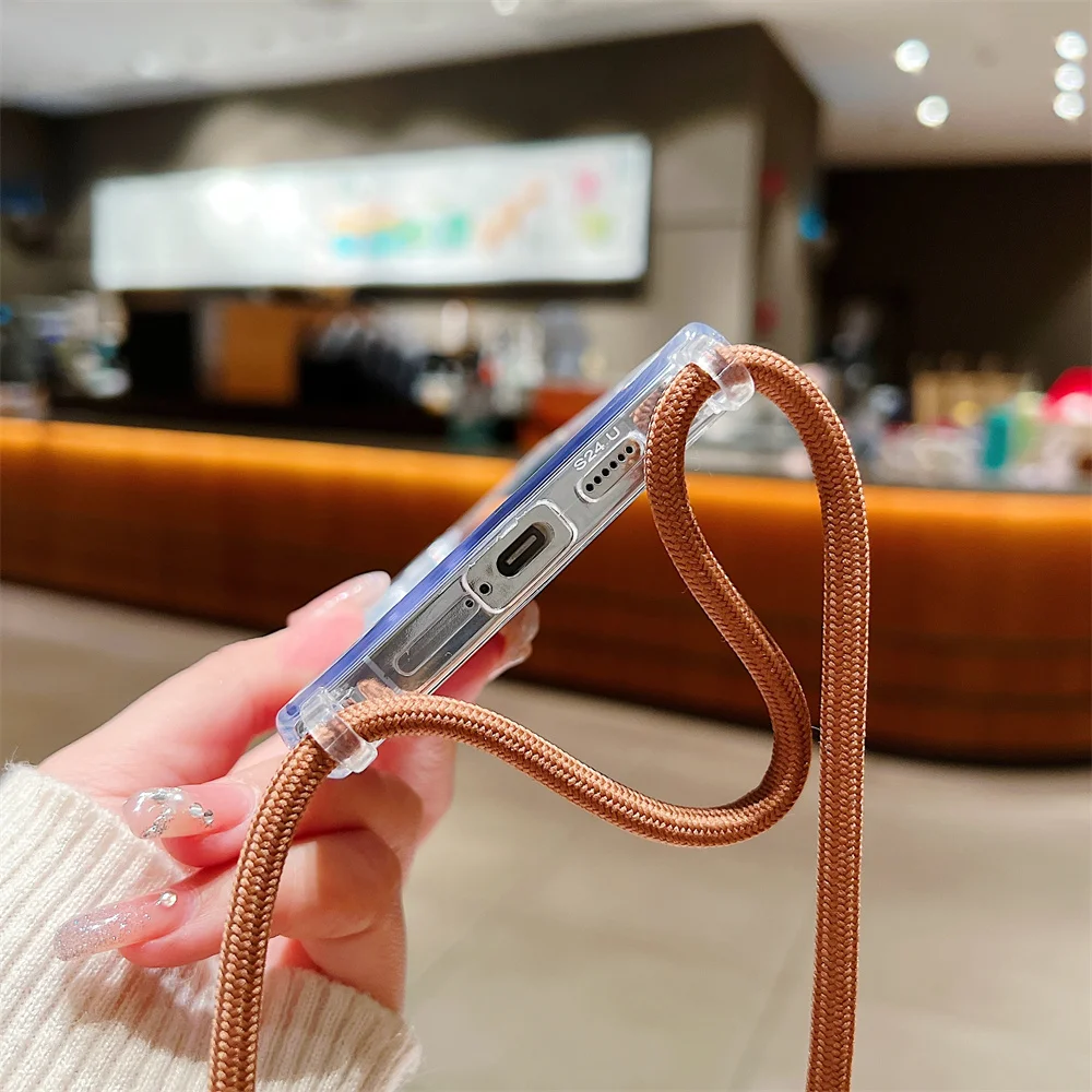 Crossbody Necklace Cord Lanyard Transparent Clear Phone Case For Samsung Galaxy S20 S21 S22 S23 S24 Plus FE Ultra Silicone Cover