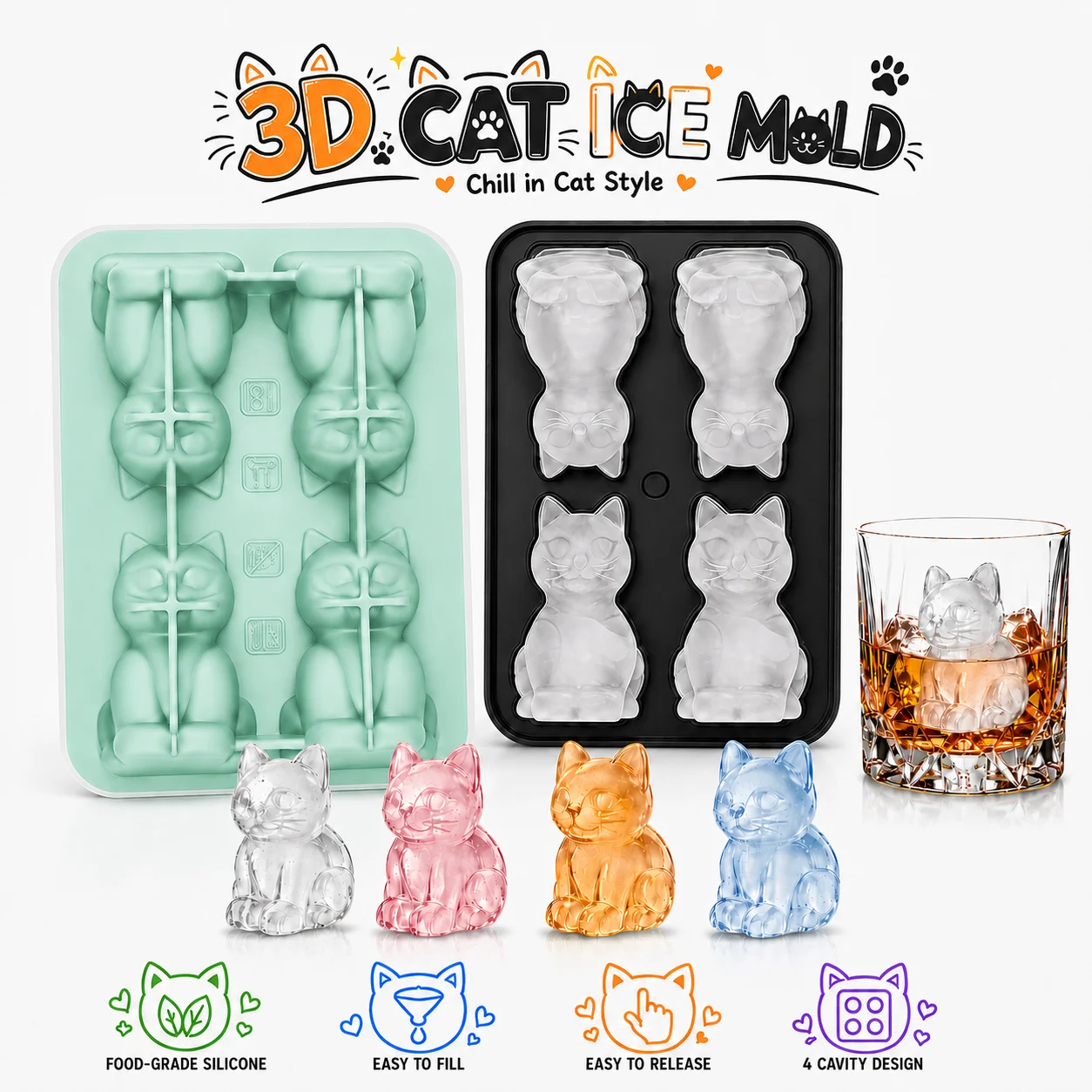 

4 Cavity Cat Shape Ice Cube Tray Whiskey Bourbon Silicone Ice Cube Mold Easy Release Cute Animal Shape Ice Cube Tray with Funnel